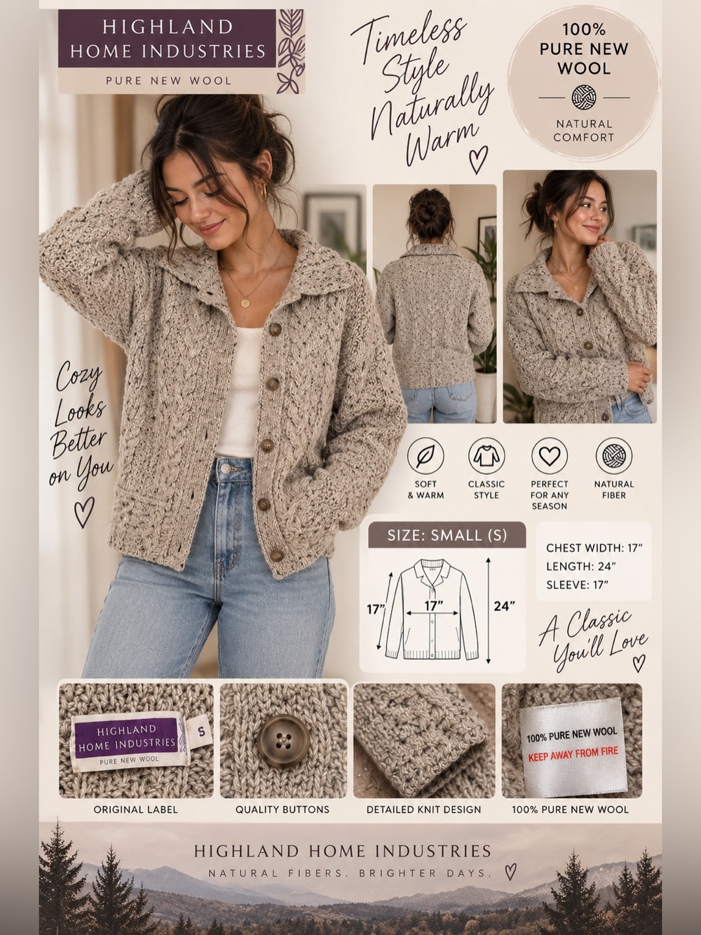 Highland Home Industries Cream Wool Teddy Jacket - Cozy Button-Front Cardigan